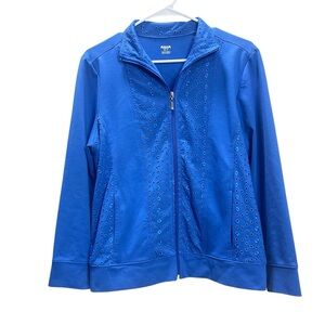 Women's Blue Jacket Coastal Pattern Zip Up Sweater Cardigan Small Cotton Blend